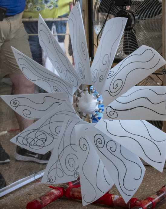 Image of student-built wind turbine using corrugated plastic for blades