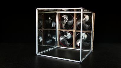 4 box fans combined together with area for wind turbine to sit in