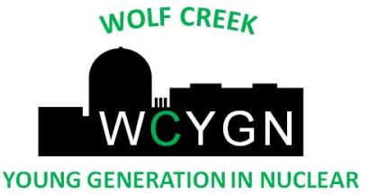 Logo for Wolf Creek Young Generation in Nuclear (text with silhouette of plant facility in background)