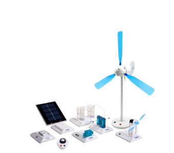 lab equipment spread out on table showcasing wind turbine and solar panel
