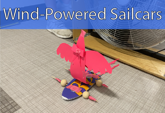 Wind-powered sailcar made of paper, cardboard, and wooden beads/wheels on skewers for axels. Fan in background.