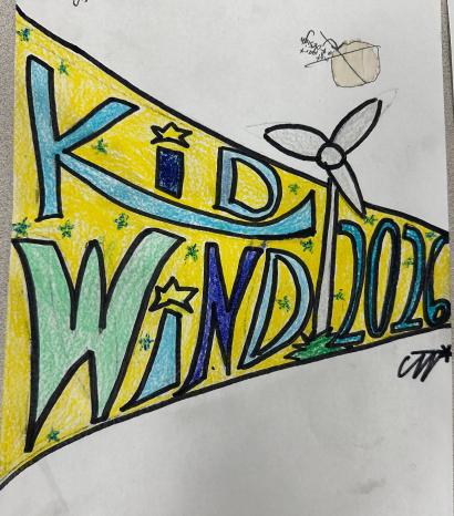 Drawing of yellow pendant with wind turbine and words: KidWind 2026