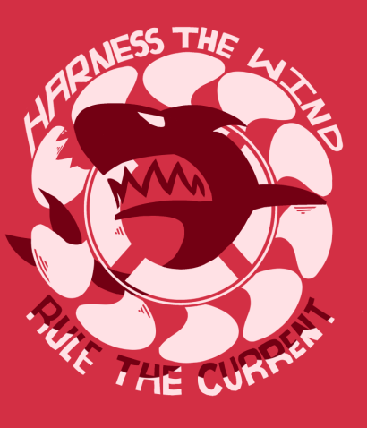 T-shirt design with shark coming through front of wind turbine and words "Harness the Wind. Rule the Current."