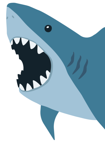 Cartoon shark with mouth open coming from right-side of screen