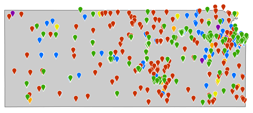 Map of Kansas with teardrop markers showing locations of assistance