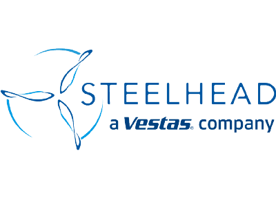 Logo with the outline of a 3-bladed wind turbine and the words "Steelhead - a Vestas company"